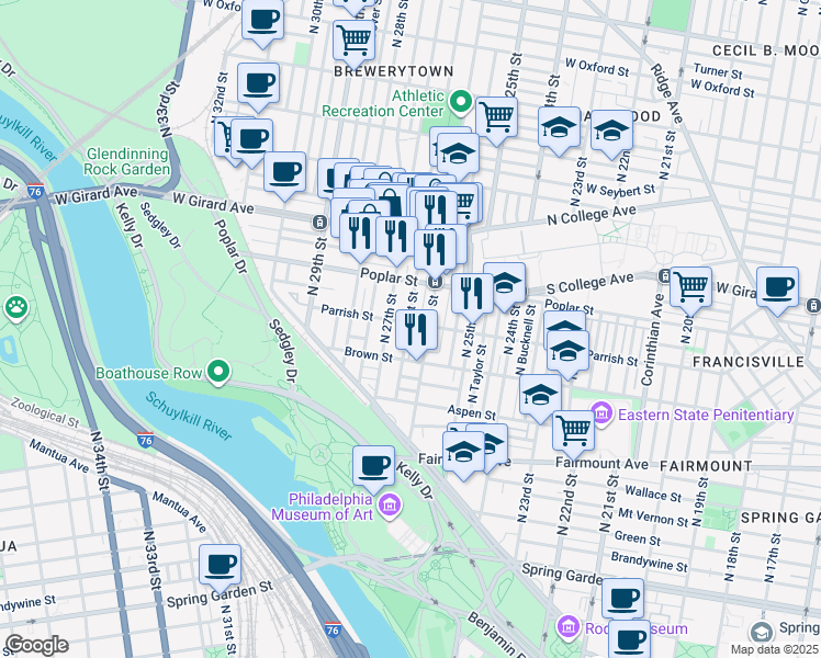 map of restaurants, bars, coffee shops, grocery stores, and more near 2618 Parrish Street in Philadelphia