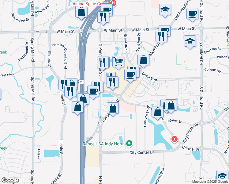 map of restaurants, bars, coffee shops, grocery stores, and more near 920 Veterans Way in Carmel