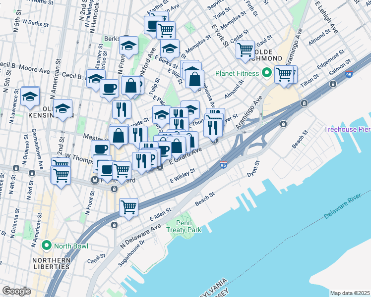 map of restaurants, bars, coffee shops, grocery stores, and more near 501 East Girard Avenue in Philadelphia