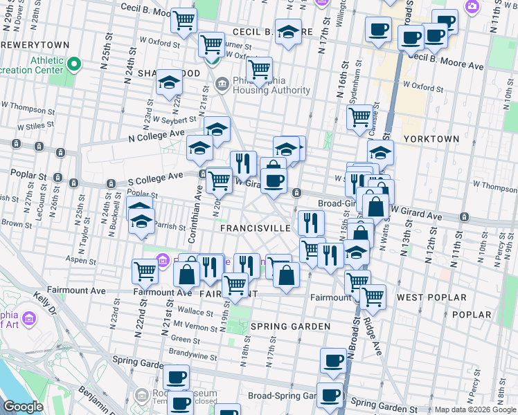 map of restaurants, bars, coffee shops, grocery stores, and more near 1820 Ridge Avenue in Philadelphia