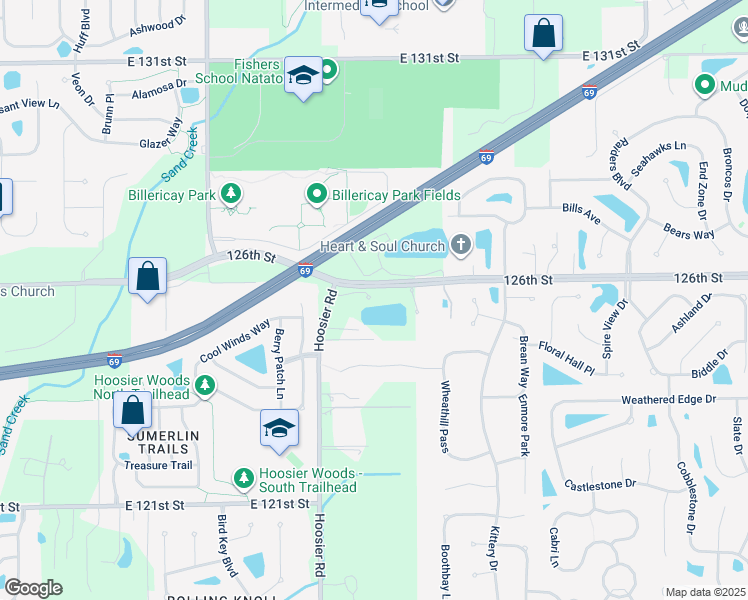 map of restaurants, bars, coffee shops, grocery stores, and more near 12520 Hoosier Road in Fishers