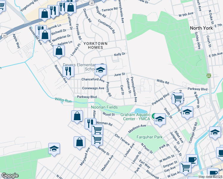 map of restaurants, bars, coffee shops, grocery stores, and more near 758 Conewago Avenue in York