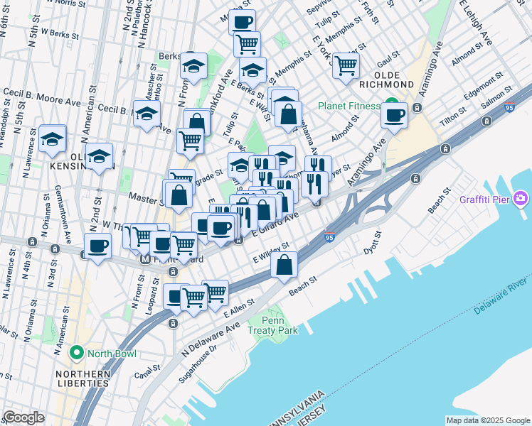 map of restaurants, bars, coffee shops, grocery stores, and more near 1216 East Palmer Street in Philadelphia