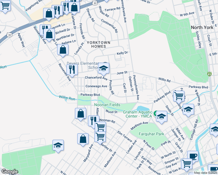 map of restaurants, bars, coffee shops, grocery stores, and more near 788 Priority Road in York