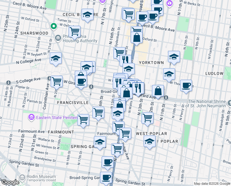 map of restaurants, bars, coffee shops, grocery stores, and more near 1403 West Flora Street in Philadelphia