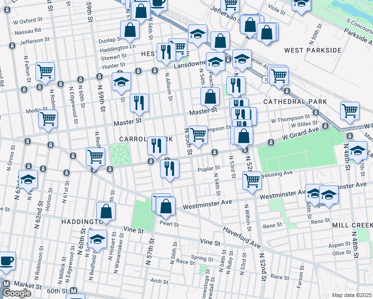 map of restaurants, bars, coffee shops, grocery stores, and more near 1250 North 55th Street in Philadelphia