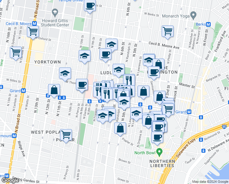 map of restaurants, bars, coffee shops, grocery stores, and more near 1232 North 6th Street in Philadelphia