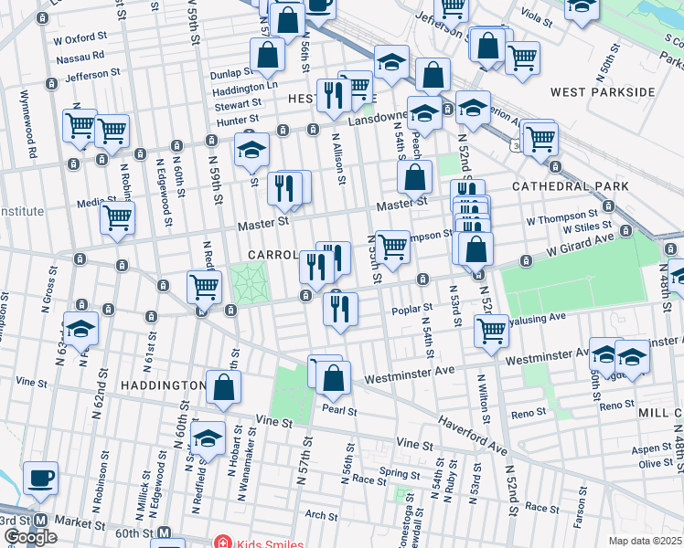 map of restaurants, bars, coffee shops, grocery stores, and more near 1225 North 56th Street in Philadelphia