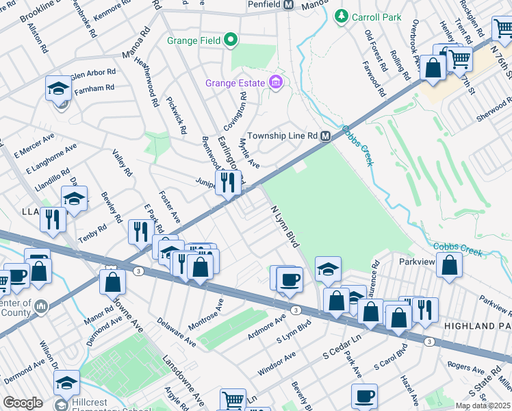 map of restaurants, bars, coffee shops, grocery stores, and more near 256 South Bayberry Lane in Delaware County
