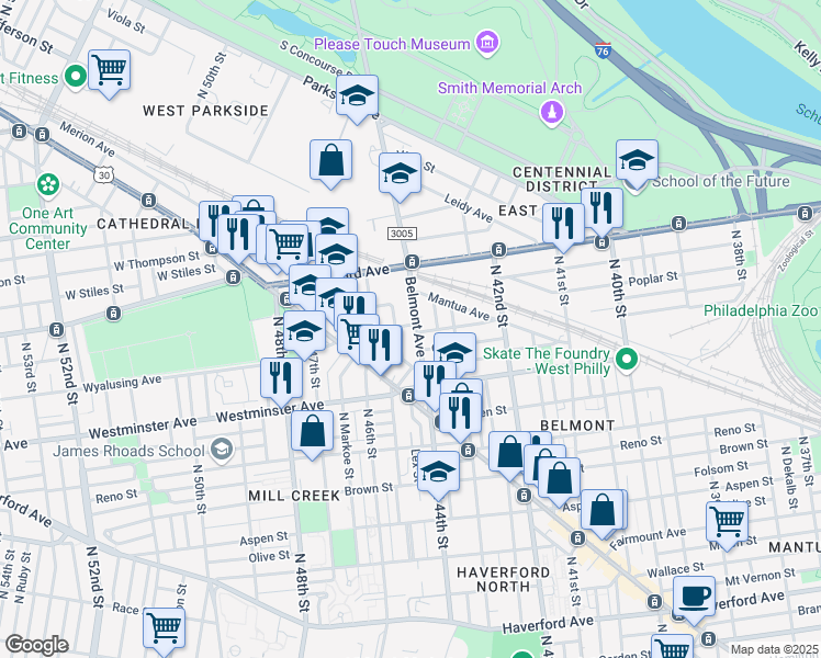 map of restaurants, bars, coffee shops, grocery stores, and more near 956 Belmont Avenue in Philadelphia