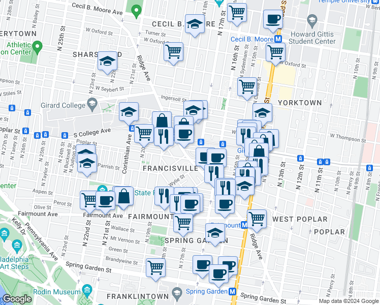 map of restaurants, bars, coffee shops, grocery stores, and more near in Philadelphia