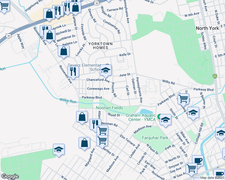 map of restaurants, bars, coffee shops, grocery stores, and more near 788 Priority Road in York