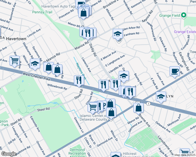 map of restaurants, bars, coffee shops, grocery stores, and more near 426 Llanerch Avenue in Havertown