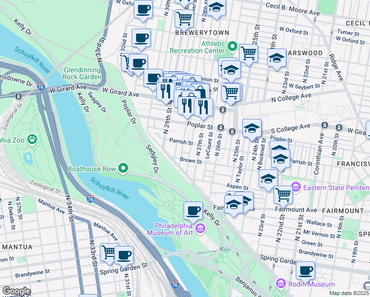 map of restaurants, bars, coffee shops, grocery stores, and more near 829 North 28th Street in Philadelphia