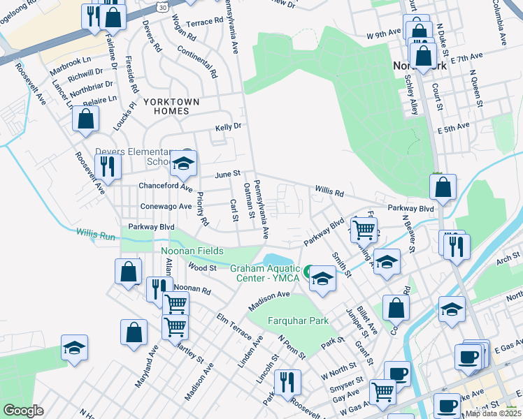 map of restaurants, bars, coffee shops, grocery stores, and more near 745 Oatman Street in York