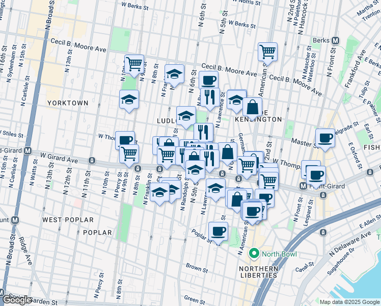 map of restaurants, bars, coffee shops, grocery stores, and more near 1238 North Randolph Street in Philadelphia