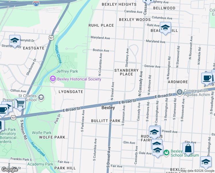map of restaurants, bars, coffee shops, grocery stores, and more near 81 North Drexel Avenue in Bexley