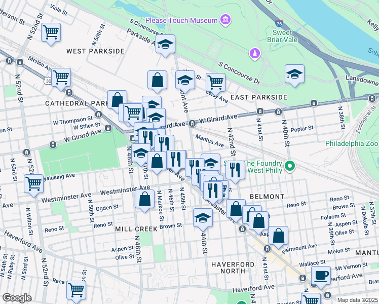map of restaurants, bars, coffee shops, grocery stores, and more near 956 Belmont Avenue in Philadelphia