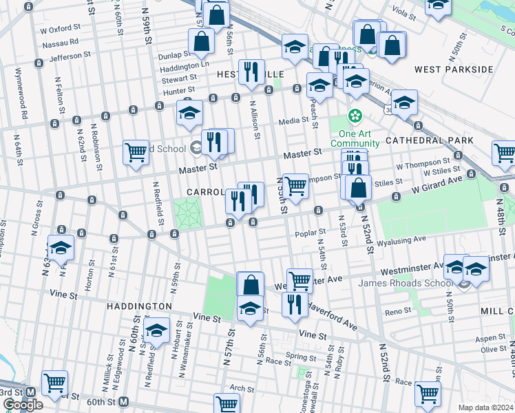 map of restaurants, bars, coffee shops, grocery stores, and more near 1225 North 56th Street in Philadelphia