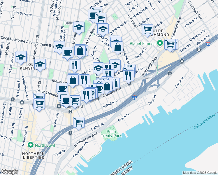 map of restaurants, bars, coffee shops, grocery stores, and more near 1216 East Palmer Street in Philadelphia