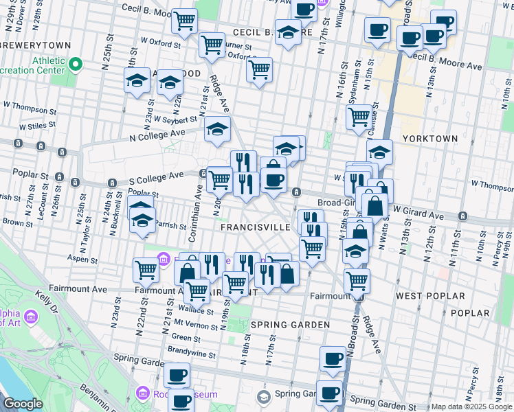 map of restaurants, bars, coffee shops, grocery stores, and more near 1820 Ridge Avenue in Philadelphia