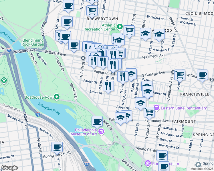 map of restaurants, bars, coffee shops, grocery stores, and more near 2618 Parrish Street in Philadelphia