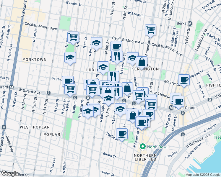 map of restaurants, bars, coffee shops, grocery stores, and more near 1238 North 5th Street in Philadelphia