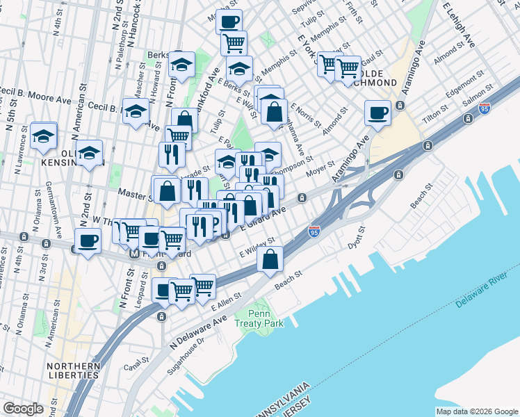 map of restaurants, bars, coffee shops, grocery stores, and more near 501 East Girard Avenue in Philadelphia