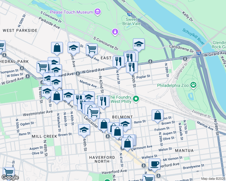 map of restaurants, bars, coffee shops, grocery stores, and more near 4125 Mantua Avenue in Philadelphia