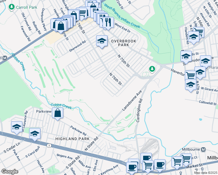 map of restaurants, bars, coffee shops, grocery stores, and more near 1381 Farrington Road in Philadelphia