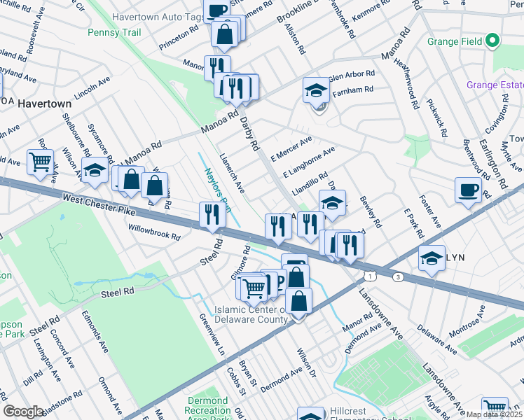map of restaurants, bars, coffee shops, grocery stores, and more near 428 Llanerch Avenue in Havertown