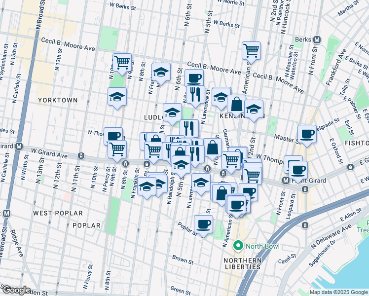 map of restaurants, bars, coffee shops, grocery stores, and more near 1238 North 5th Street in Philadelphia
