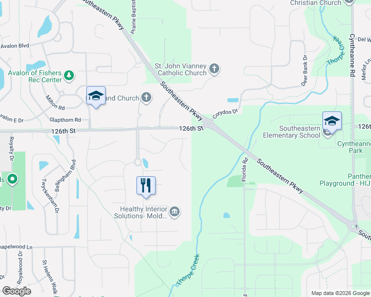 map of restaurants, bars, coffee shops, grocery stores, and more near 12594 Hidden Spring Cove in Fishers