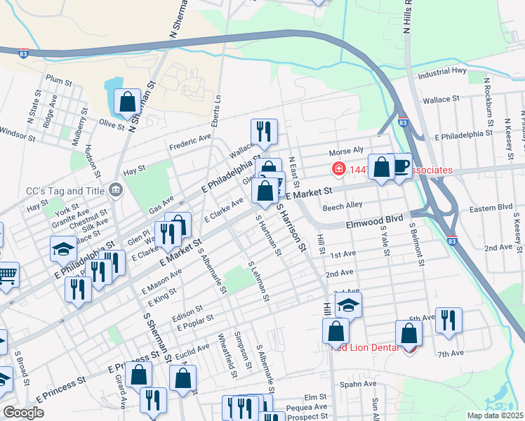 map of restaurants, bars, coffee shops, grocery stores, and more near 1210 East Market Street in York