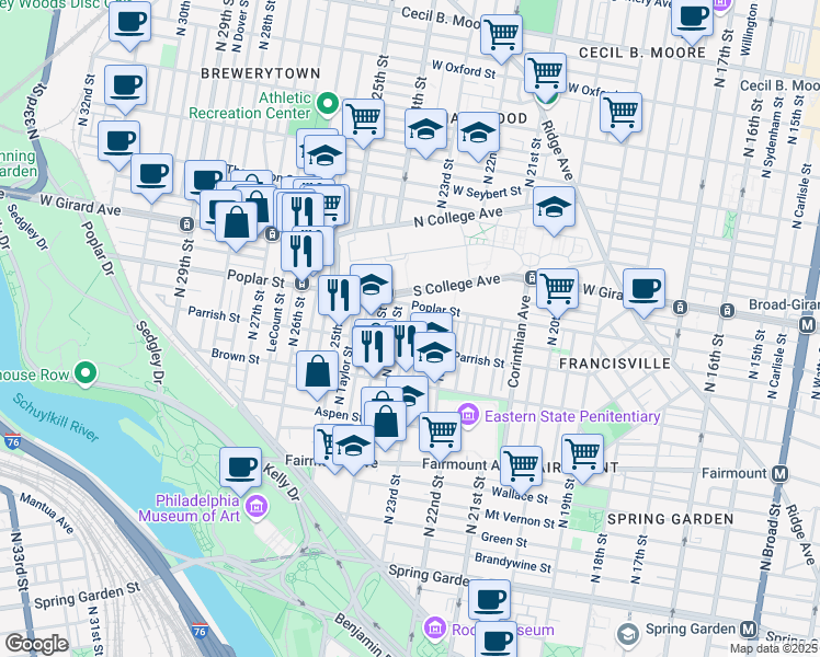 map of restaurants, bars, coffee shops, grocery stores, and more near 873 North Judson Street in Philadelphia