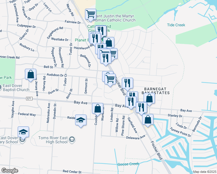 map of restaurants, bars, coffee shops, grocery stores, and more near 864 Fischer Boulevard in Toms River