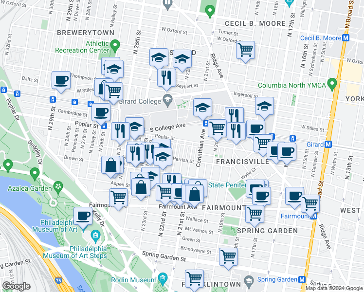map of restaurants, bars, coffee shops, grocery stores, and more near 886 North 21st Street in Philadelphia