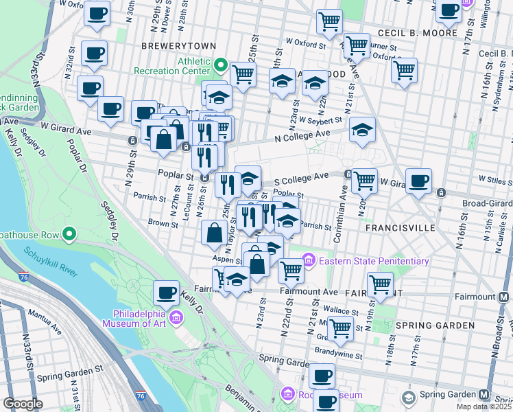 map of restaurants, bars, coffee shops, grocery stores, and more near 855 North 24th Street in Philadelphia