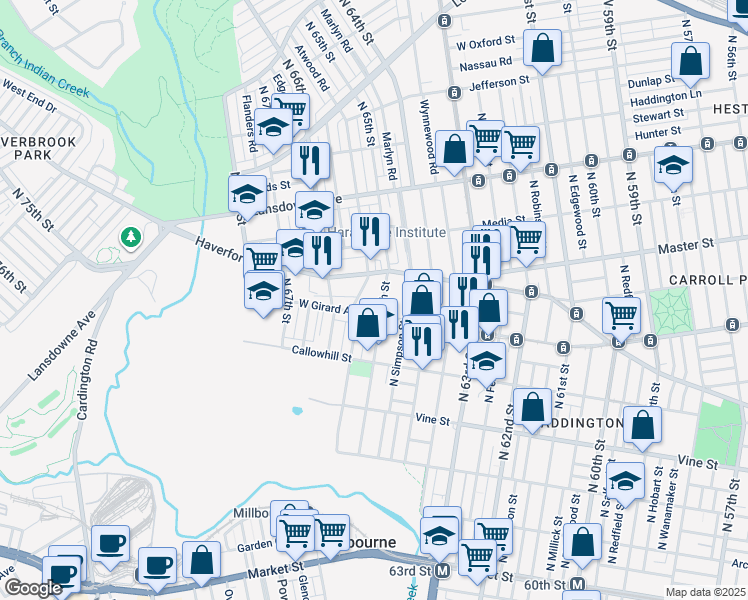 map of restaurants, bars, coffee shops, grocery stores, and more near 512 North 65th Street in Philadelphia