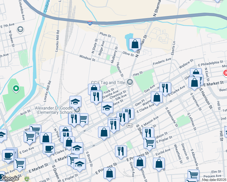map of restaurants, bars, coffee shops, grocery stores, and more near 736 York Street in York