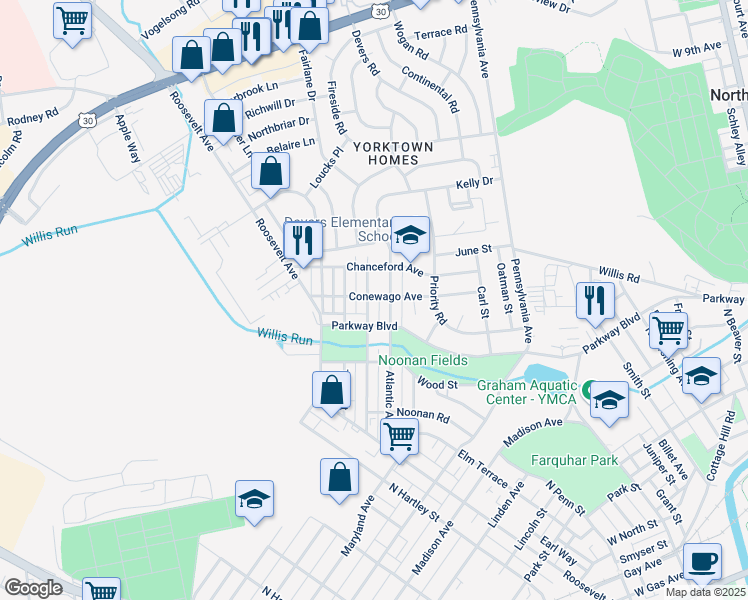 map of restaurants, bars, coffee shops, grocery stores, and more near 771 Pacific Avenue in York