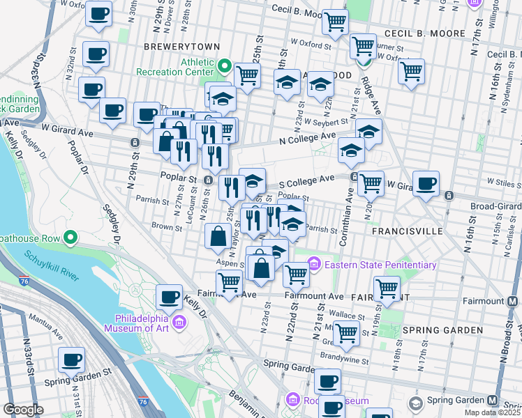 map of restaurants, bars, coffee shops, grocery stores, and more near 2328 Poplar Street in Philadelphia