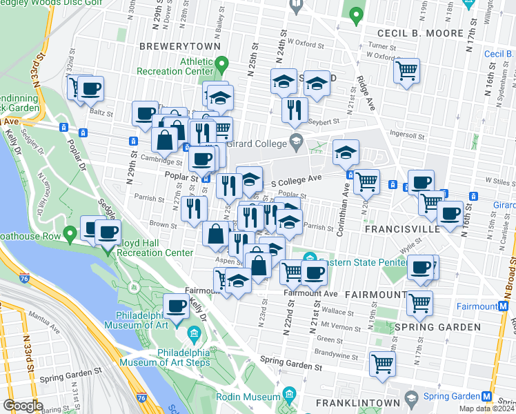 map of restaurants, bars, coffee shops, grocery stores, and more near 855 North 24th Street in Philadelphia