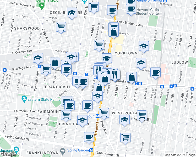 map of restaurants, bars, coffee shops, grocery stores, and more near 1420 West Girard Avenue in Philadelphia