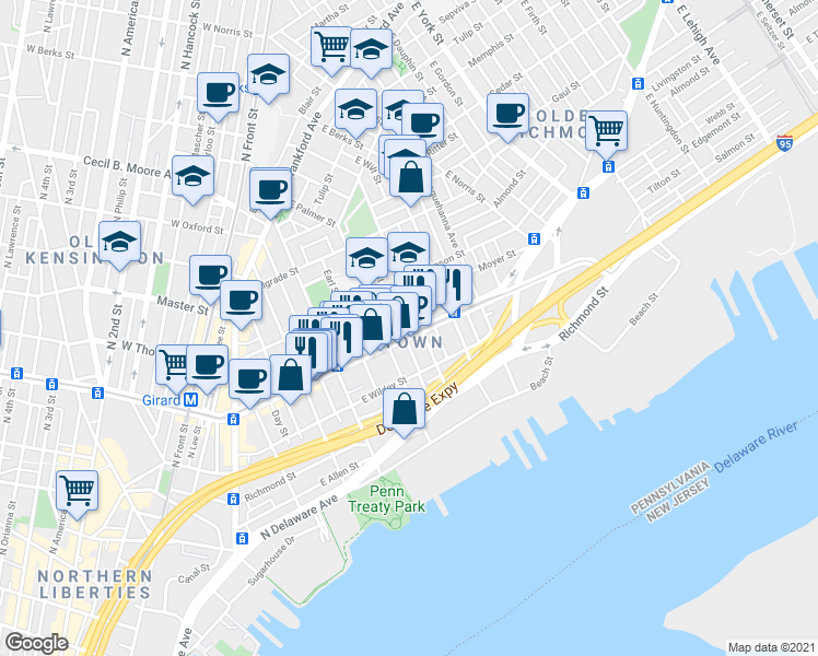 map of restaurants, bars, coffee shops, grocery stores, and more near in Philadelphia
