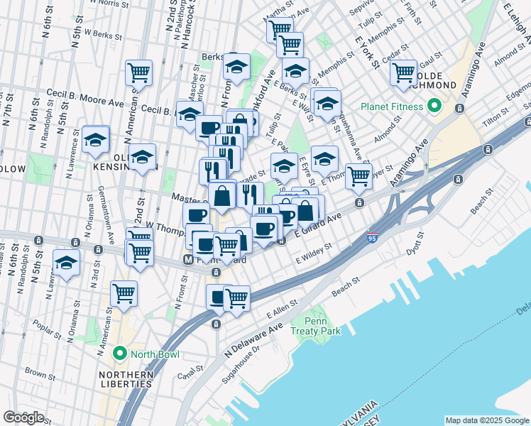map of restaurants, bars, coffee shops, grocery stores, and more near 1319 East Oxford Street in Philadelphia