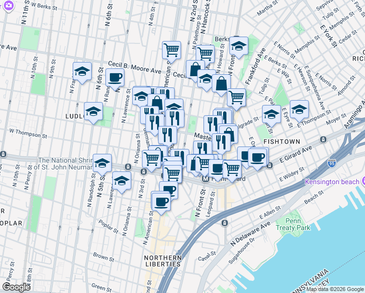 map of restaurants, bars, coffee shops, grocery stores, and more near in Philadelphia