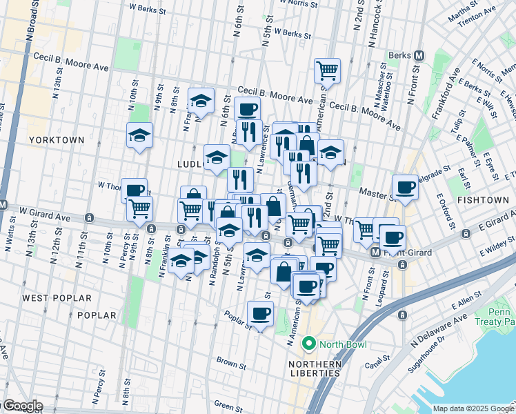 map of restaurants, bars, coffee shops, grocery stores, and more near 1320 North Lawrence Street in Philadelphia