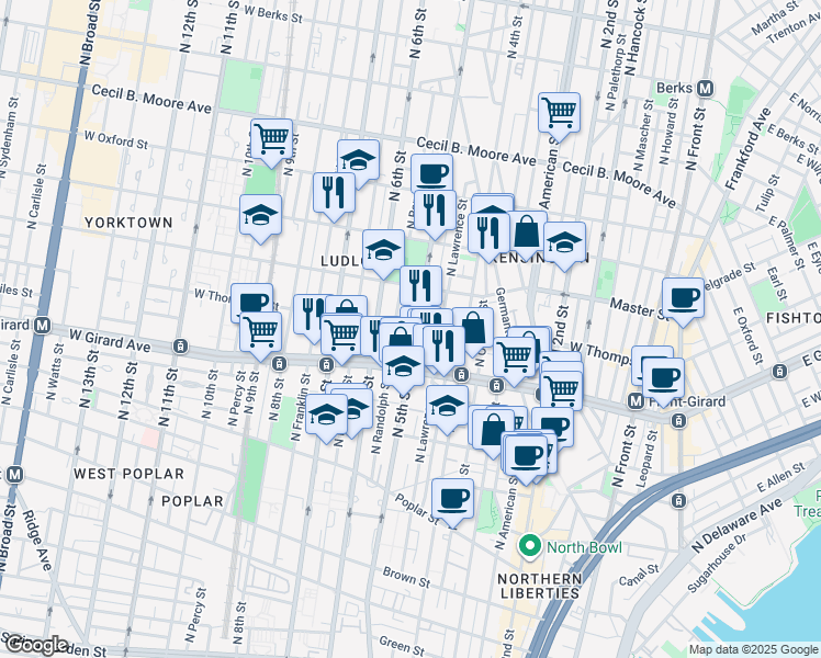 map of restaurants, bars, coffee shops, grocery stores, and more near 1314 North Randolph Street in Philadelphia