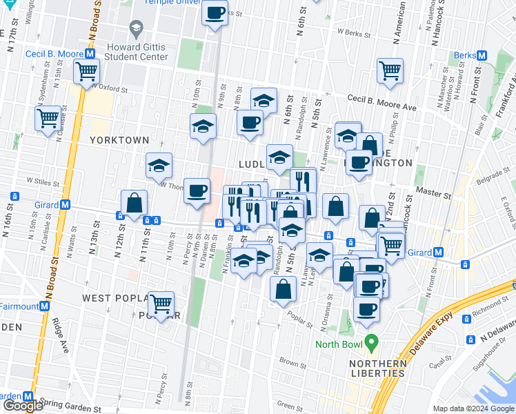 map of restaurants, bars, coffee shops, grocery stores, and more near 1311 North Marshall Street in Philadelphia